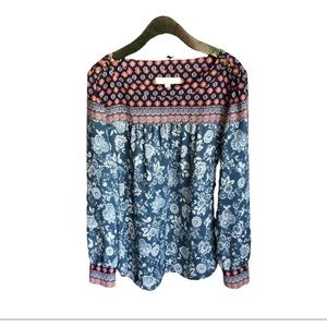 LOFT Floral Pattern Long Sleeved Boat Neck Blue Blouse Women’s Size L